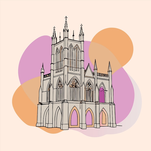 Vector a drawing of a cathedral with a pink and orange background