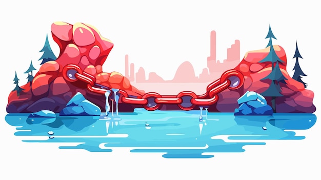 a drawing of a chain with a city in the background