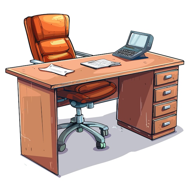 a drawing of a chair and a laptop on a desk