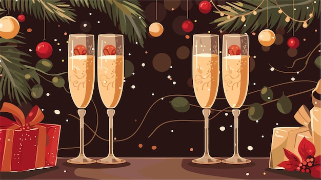 Vector a drawing of champagne flutes with a christmas tree in the background