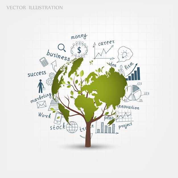 Drawing charts and graphs business strategy plan concept idea on a tree growing on the globe