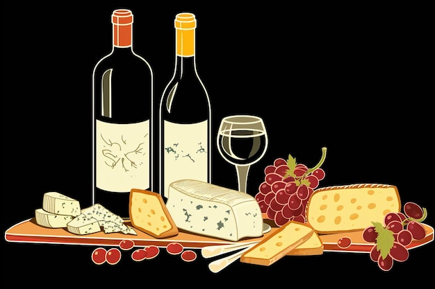 a drawing of cheese cheese and cheese with a bottle of wine