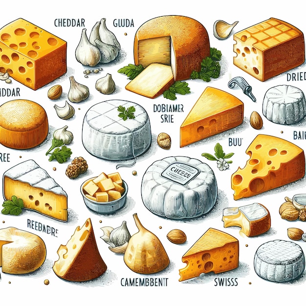 a drawing of cheeses including cheese cheese and other types of cheese