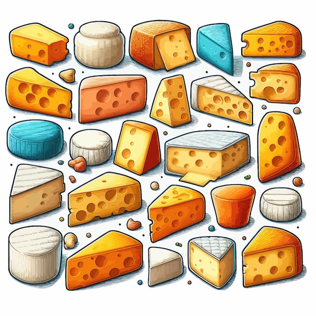 a drawing of cheeses with different colors and shapes