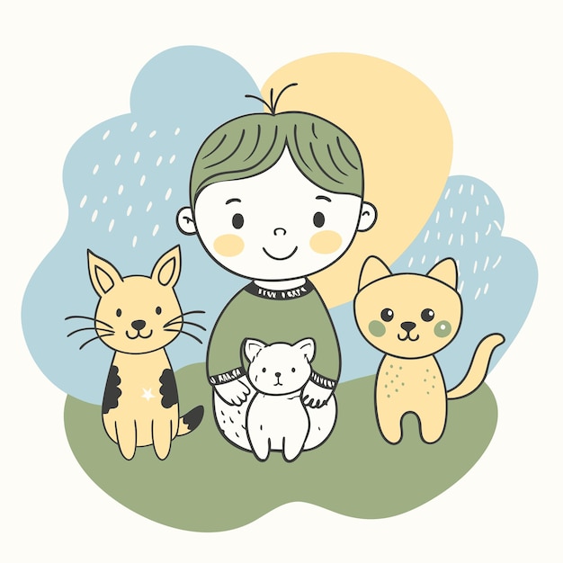 Vector a drawing of a child with two cats and a sky background