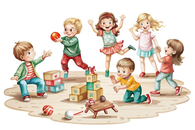 Vector a drawing of children playing with boxes and boxes