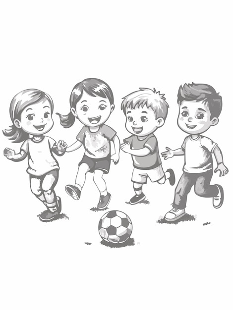 Vector a drawing of children playing with a soccer ball