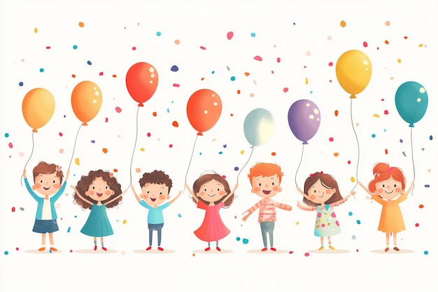 Vector a drawing of children with balloons and confetti on the bottom