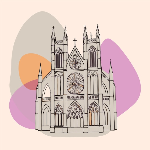 a drawing of a church with a clock on it