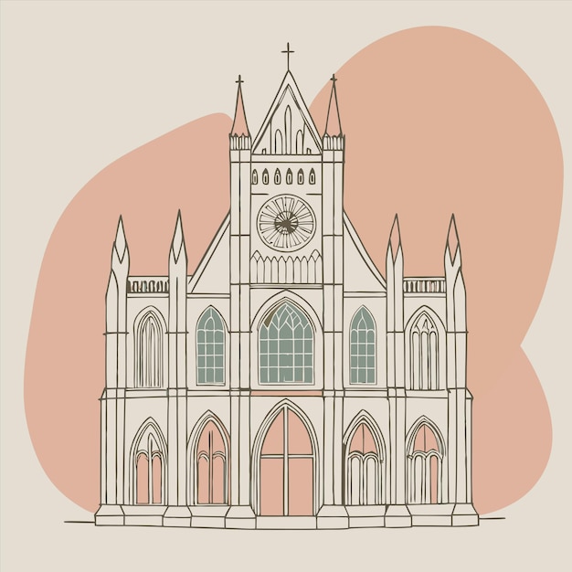 a drawing of a church with a clock on it