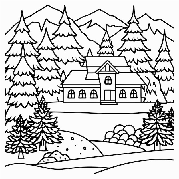 Vector a drawing of a church with a mountain in the background