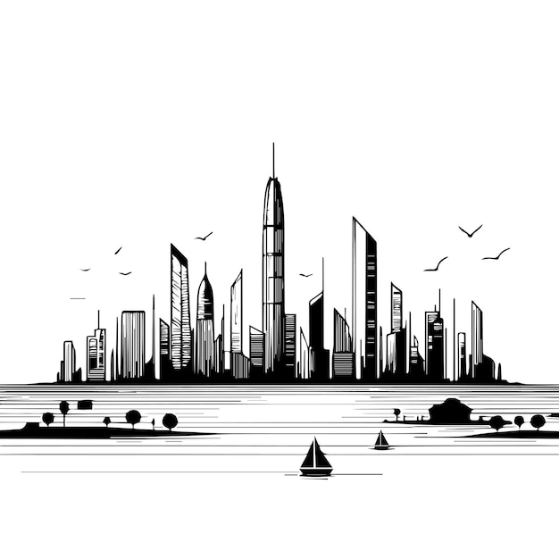 Vector a drawing of a city skyline with birds flying around it