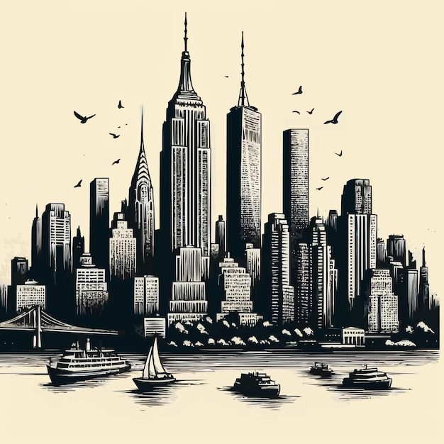 Vector a drawing of a city skyline with boats and birds flying in the sky