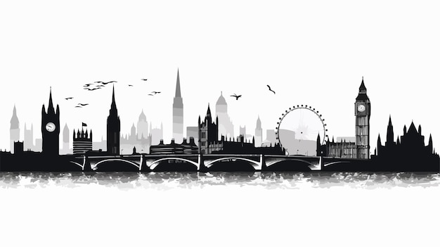 a drawing of a city skyline with a london eye and a city in the background