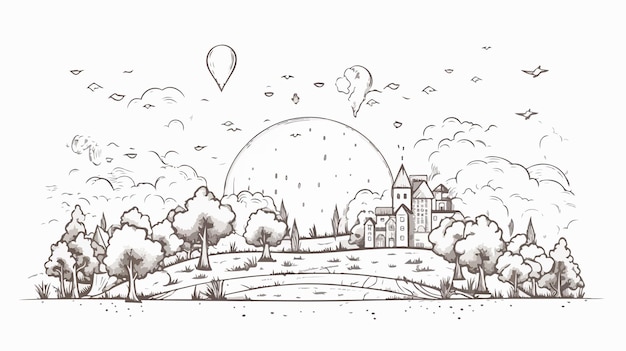 a drawing of a city with a balloon in the sky