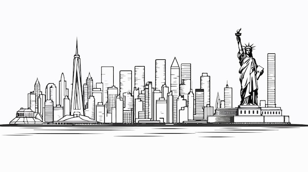 Vector a drawing of a city with a statue of liberty and a statue of liberty in the background