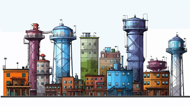 Vector a drawing of a city with a water tower in the background