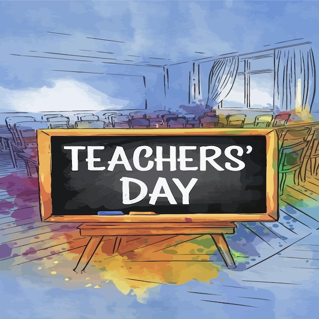 a drawing of a classroom with a chalkboard that says teachers day