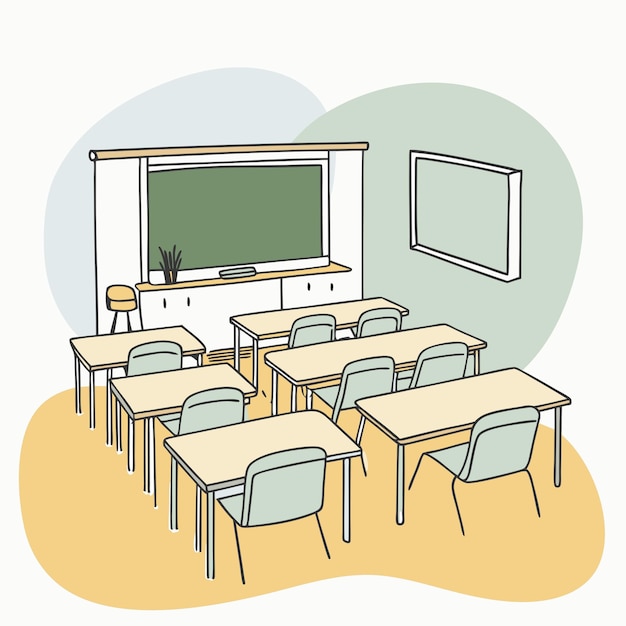 Vector a drawing of a classroom with a chalkboard on the wall back to school vector illustration