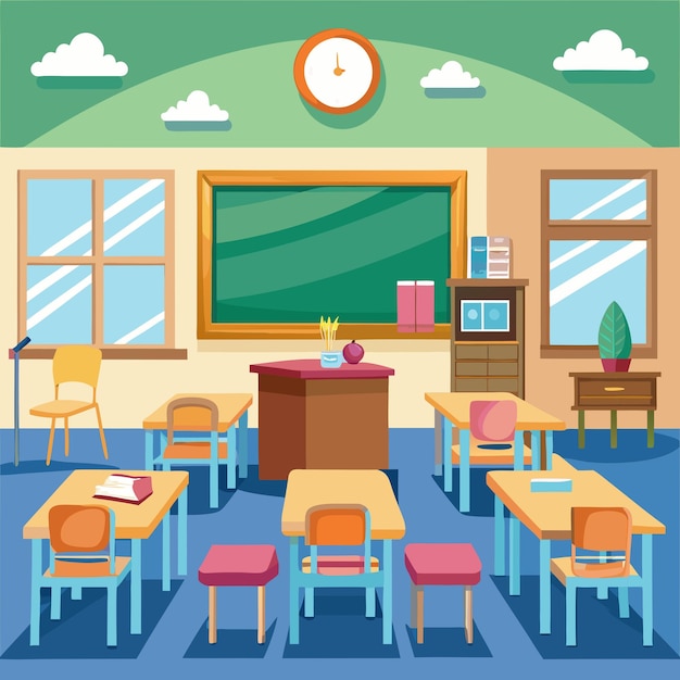 Vector a drawing of a classroom with a clock above it back to school vector illustration