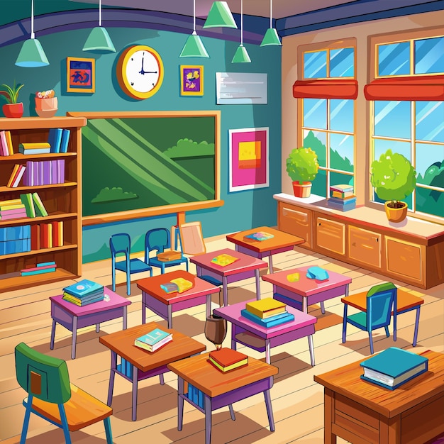 a drawing of a classroom with a clock on the wall and a book shelf with the words quot the time quot