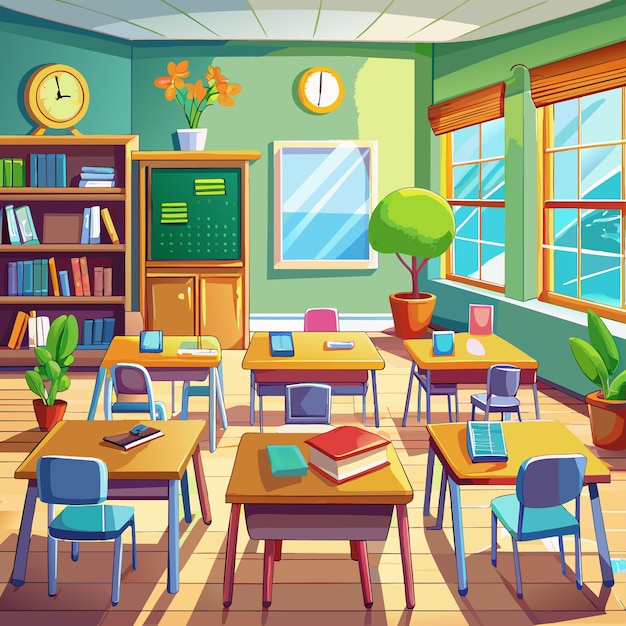 a drawing of a classroom with a clock on the wall and a green plant in the center