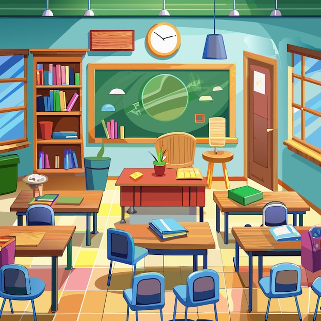 a drawing of a classroom with a green board with a clock on the top