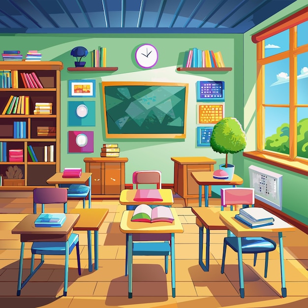 a drawing of a classroom with a green wall with a clock above it