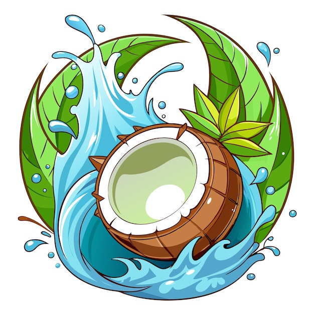 Vector a drawing of a coconut with a green water splash