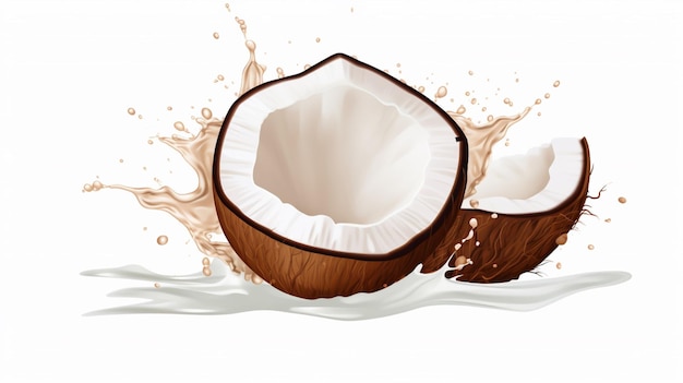 a drawing of a coconut with milk and milk splashes