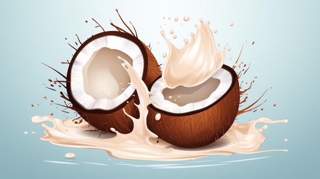 a drawing of a coconut with a splash of milk and a splash of milk