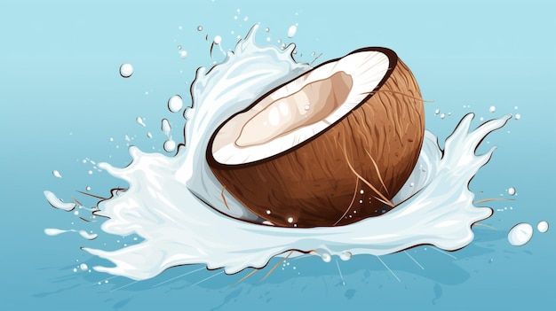 a drawing of a coconut with a splash of water splashing