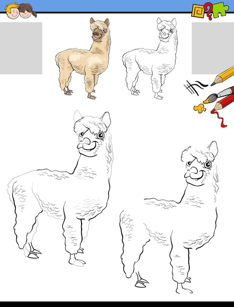 Drawing and coloring task with cartoon llama or alpaca