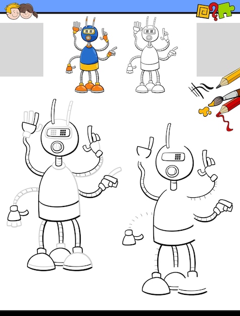 Drawing and coloring task with funny robot character