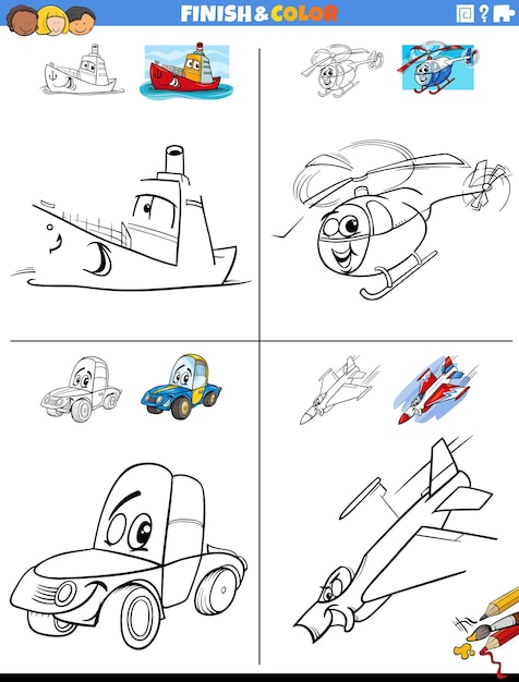 Drawing and coloring worksheets set with comic vehicles