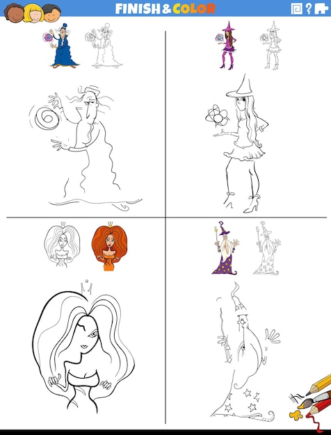 Drawing and coloring worksheets set with fantasy characters