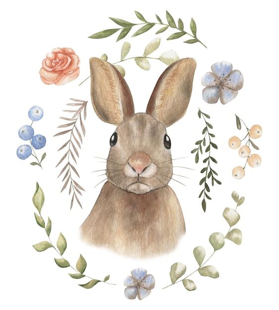 Drawing composition of a rabbit with plants New Years card