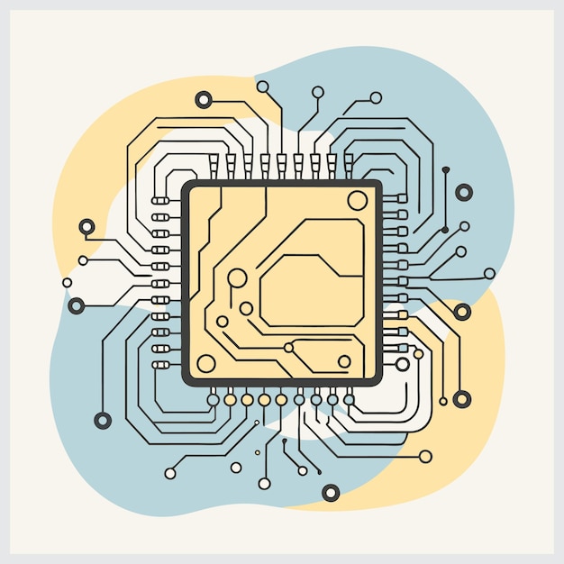 Vector a drawing of a computer with a yellow background with a blue and green design