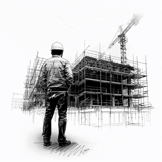 a drawing of a construction worker in front of a building under construction