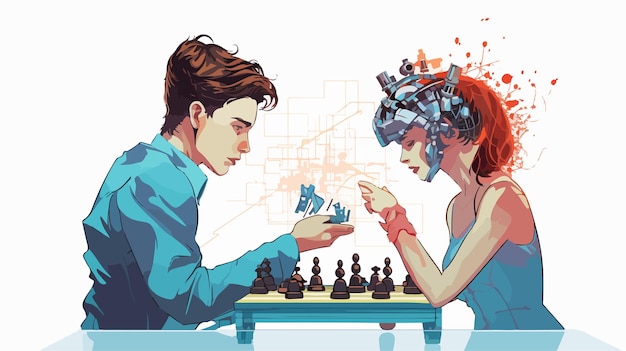 a drawing of a couple playing chess with a man and a woman playing chess