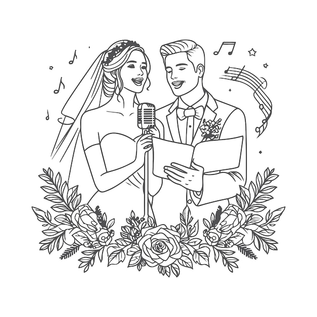 a drawing of a couple in a wedding dress and a microphone