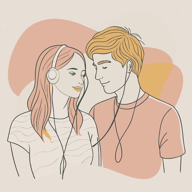 a drawing of a couple with a pink background