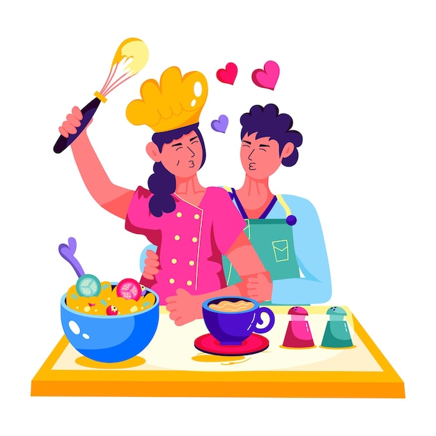 Vector a drawing of a couple with a pot of fruit and a man with a yellow hat