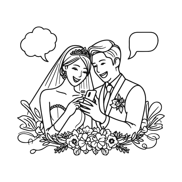 a drawing of a couple with a speech bubble in the background