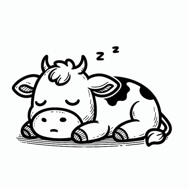 a drawing of a cow sleeping on the floor with a head on it