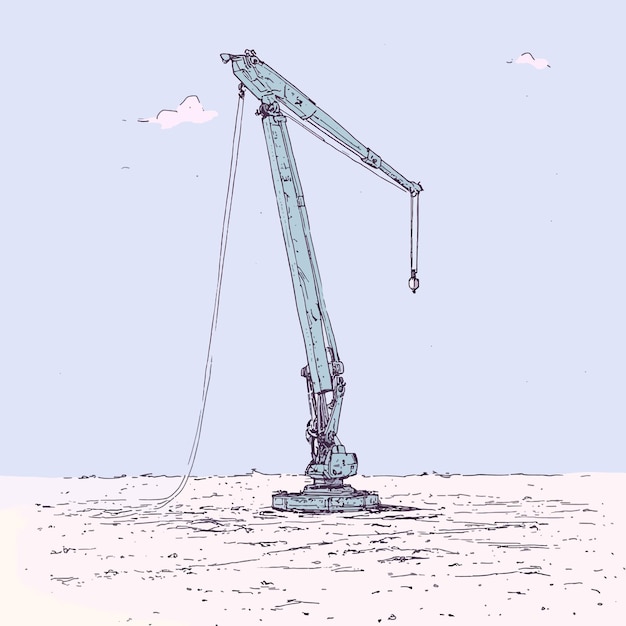 a drawing of a crane with a blue background with a few clouds in the background