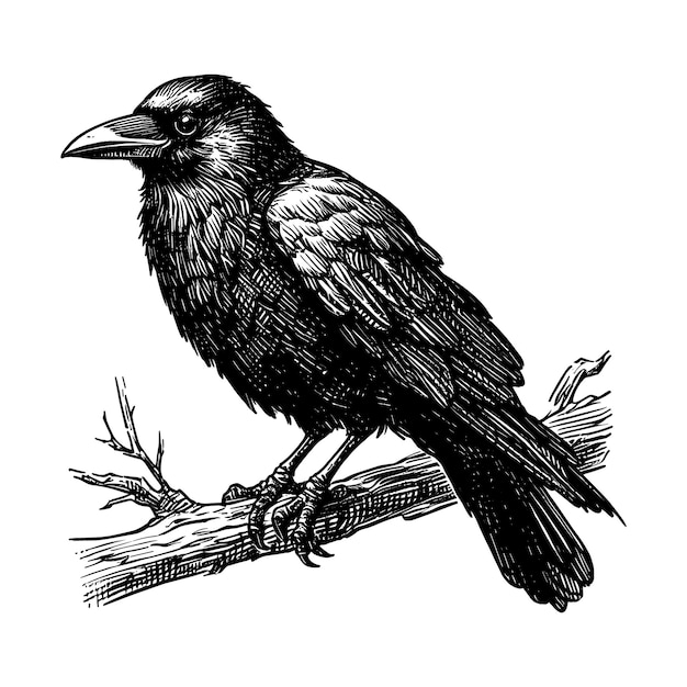 Vector a drawing of a crow on a branch