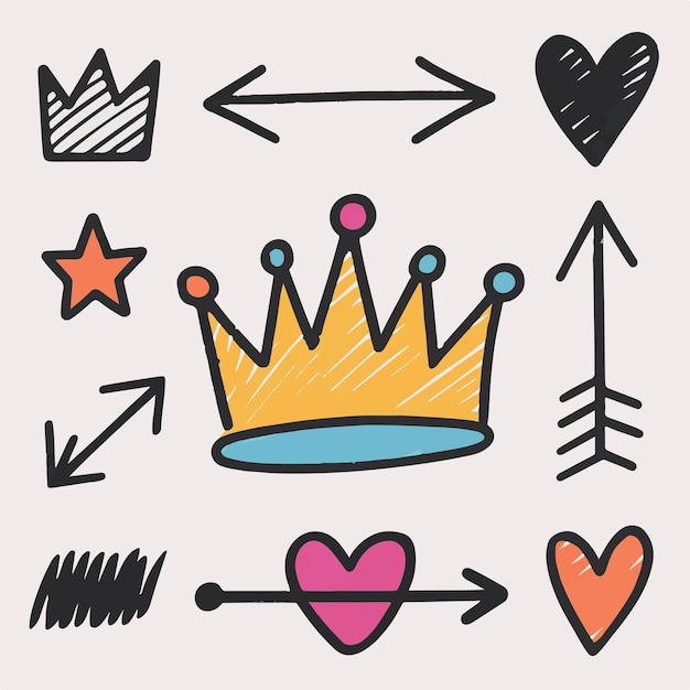 a drawing of a crown and arrow with different designs