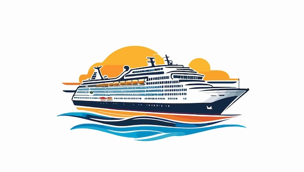 a drawing of a cruise ship on the water with the sun setting behind it