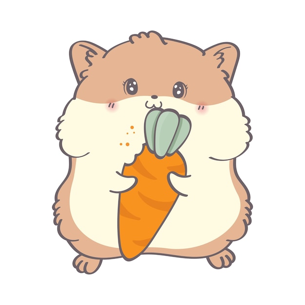 Drawing cute hamster cartoon. Hamster illustration. Surprised hamster eating orange carrot.